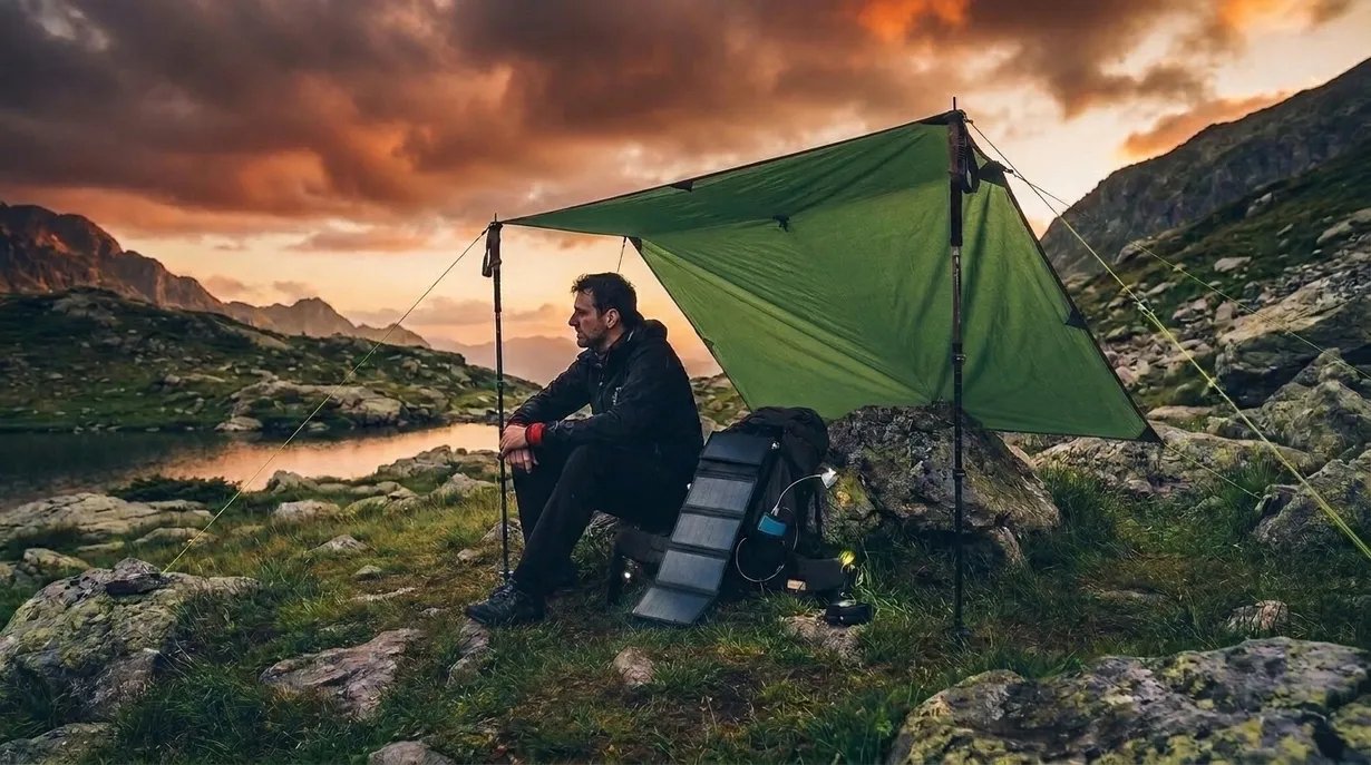 Campeur avec équipement sous un abri en forêt