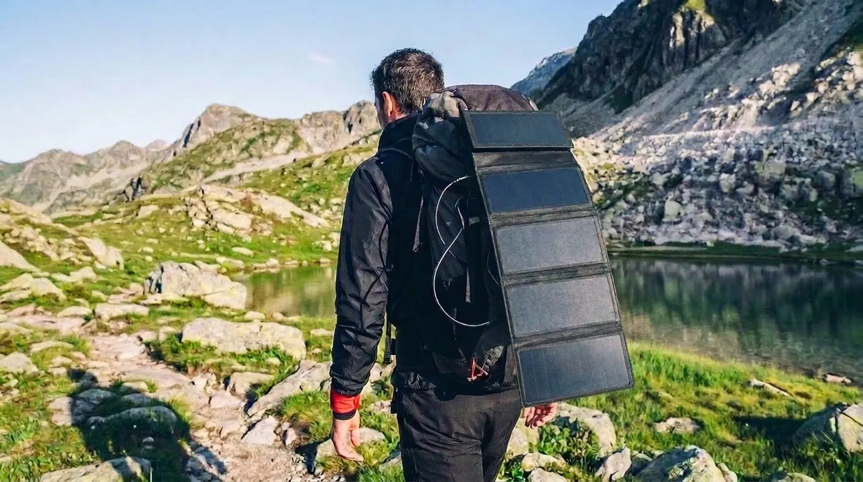 Chargeur solaire accroché à un sac à dos sur un sentier en forêt